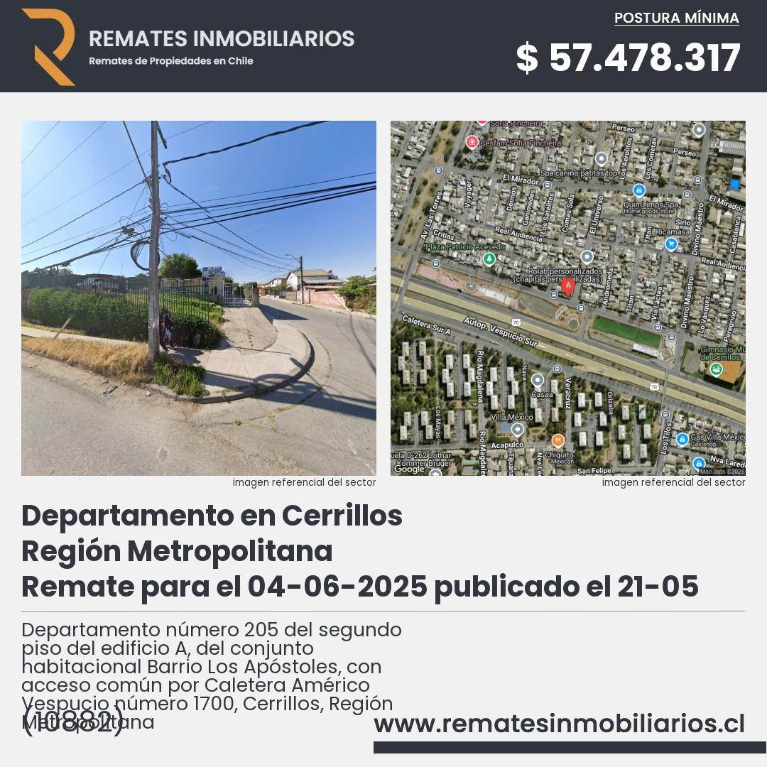 Imagen ficha Departamento número 205 del segundo piso del edificio A, del conjunto habitacional Barrio Los Apóstoles, con acceso común por Caletera Américo Vespucio número 1700, Cerrillos, Región Metropolitana