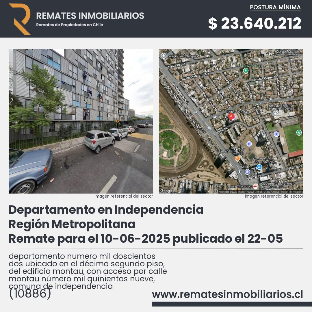 Imagen ficha departamento numero mil doscientos dos ubicado en el décimo segundo piso, del edificio montau, con acceso por calle montau número mil quinientos nueve, comuna de independencia