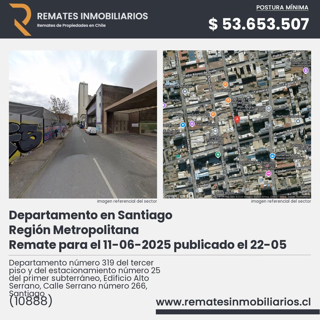 Imagen ficha Departamento número 319 del tercer piso y del estacionamiento número 25 del primer subterráneo, Edificio Alto Serrano, Calle Serrano número 266, Santiago