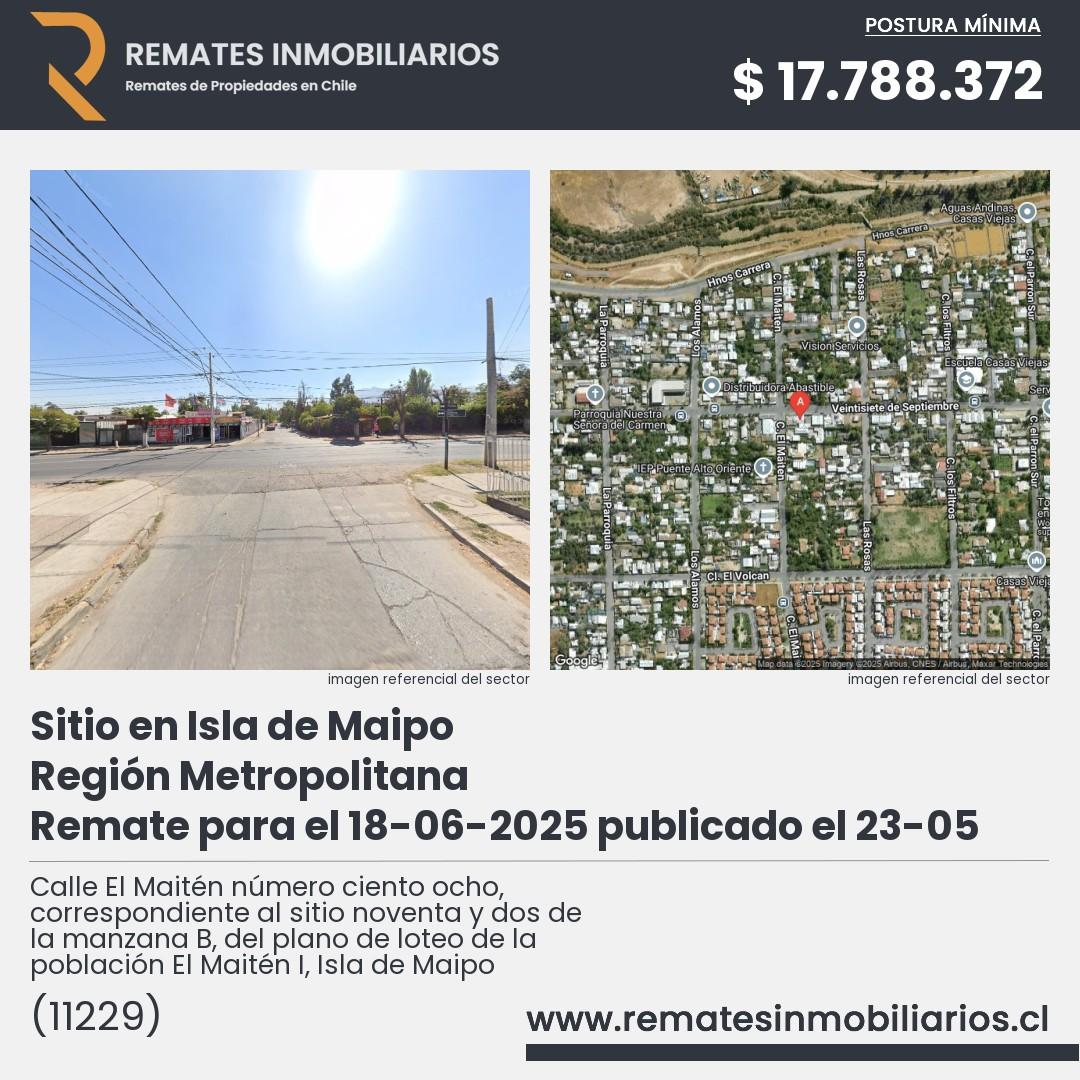 Imagen ficha Calle El Maitén número ciento ocho, correspondiente al sitio noventa y dos de la manzana B, del plano de loteo de la población El Maitén I, Isla de Maipo