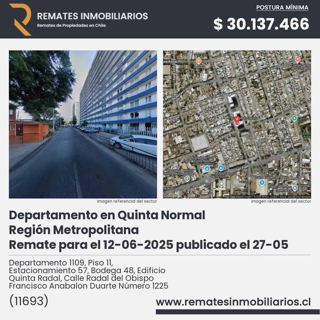 Imagen ficha Departamento 1109, Piso 11, Estacionamiento 57, Bodega 48, Edificio Quinta Radal, Calle Radal del Obispo Francisco Anabalon Duarte Número 1225