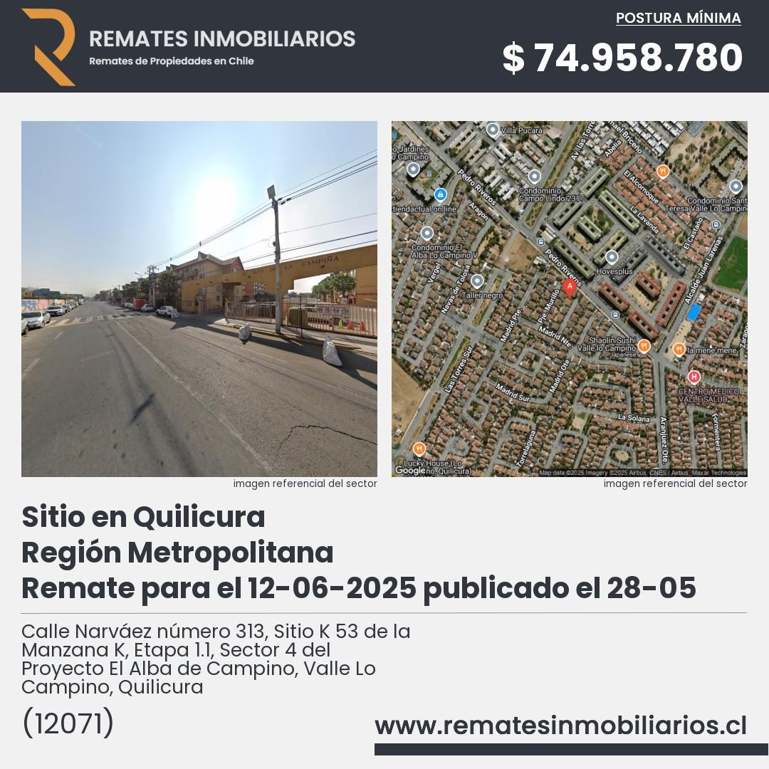 Imagen ficha Calle Narváez número 313, Sitio K 53 de la Manzana K, Etapa 1.1, Sector 4 del Proyecto El Alba de Campino, Valle Lo Campino, Quilicura