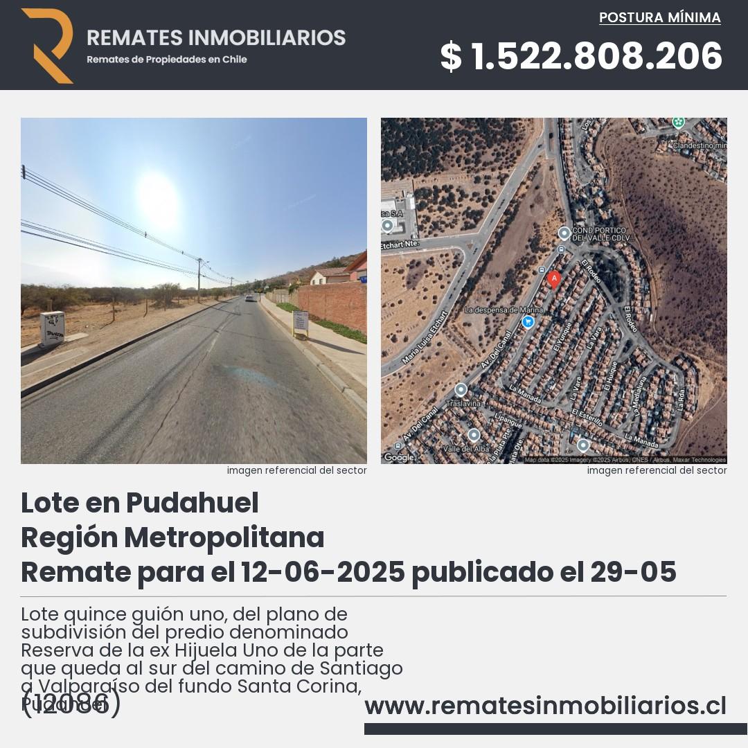 Imagen ficha Lote quince guión uno, del plano de subdivisión del predio denominado Reserva de la ex Hijuela Uno de la parte que queda al sur del camino de Santiago a Valparaíso del fundo Santa Corina, Pudahuel
