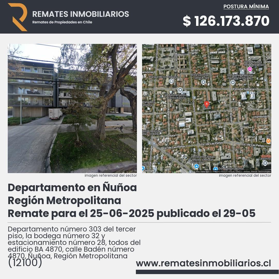 Imagen ficha Departamento número 303 del tercer piso, la bodega número 32 y estacionamiento número 28, todos del edificio BA 4870, calle Badén número 4870, Ñuñoa, Región Metropolitana