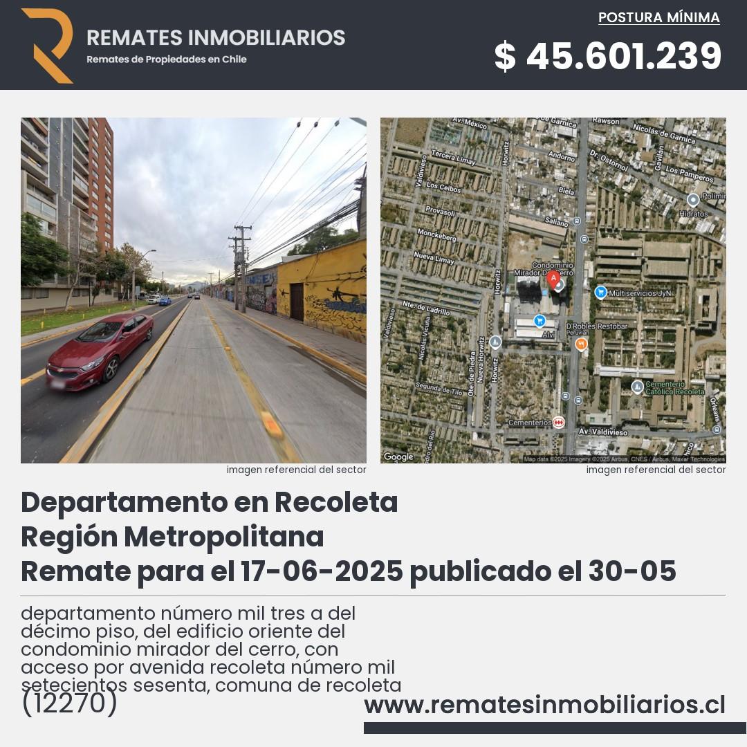 Imagen ficha departamento número mil tres a del décimo piso, del edificio oriente del condominio mirador del cerro, con acceso por avenida recoleta número mil setecientos sesenta, comuna de recoleta