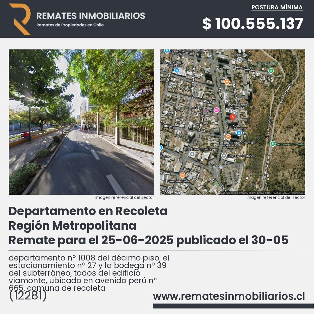 Imagen ficha departamento nº 1008 del décimo piso, el estacionamiento nº 27 y la bodega nº 39 del subterráneo, todos del edificio viamonte, ubicado en avenida perú n° 665, comuna de recoleta