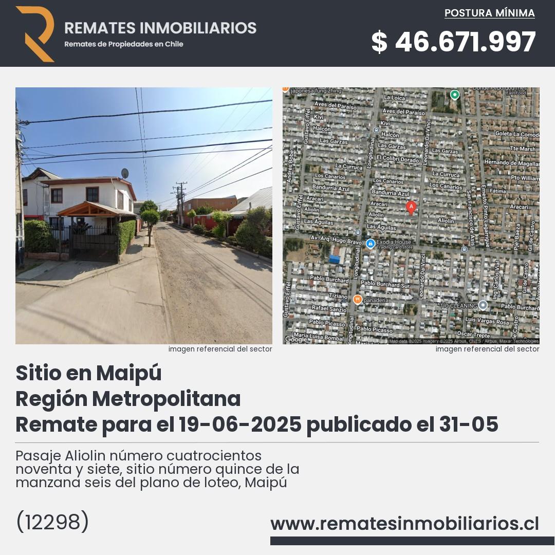Imagen ficha Pasaje Aliolin número cuatrocientos noventa y siete, sitio número quince de la manzana seis del plano de loteo, Maipú