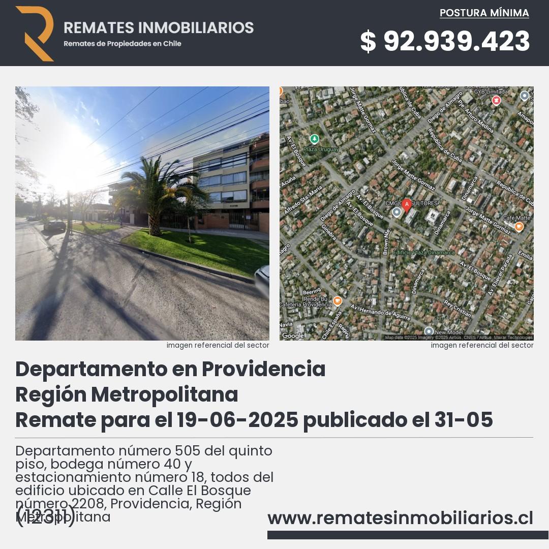 Imagen ficha Departamento número 505 del quinto piso, bodega número 40 y estacionamiento número 18, todos del edificio ubicado en Calle El Bosque número 2208, Providencia, Región Metropolitana