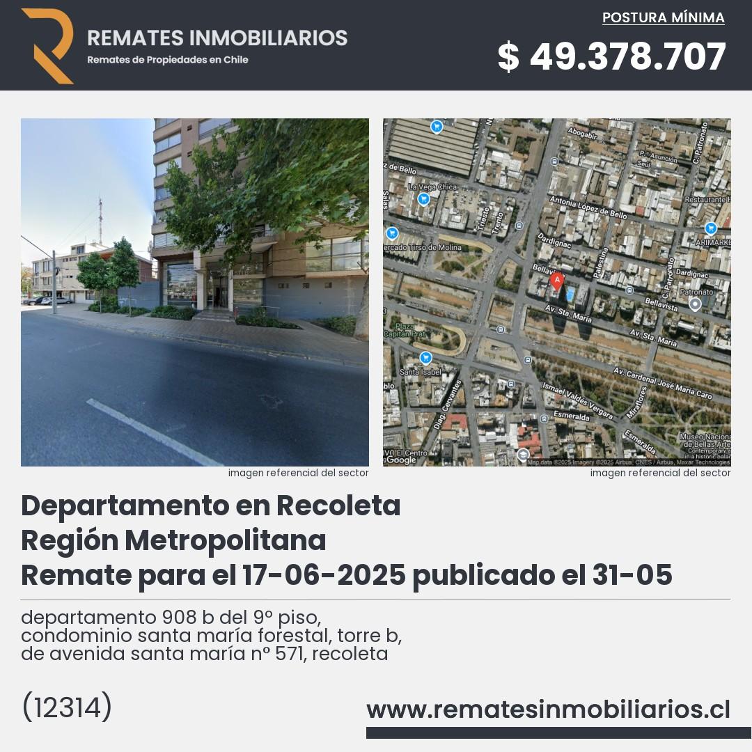 Imagen ficha departamento 908 b del 9º piso, condominio santa maría forestal, torre b, de avenida santa maría n° 571, recoleta
