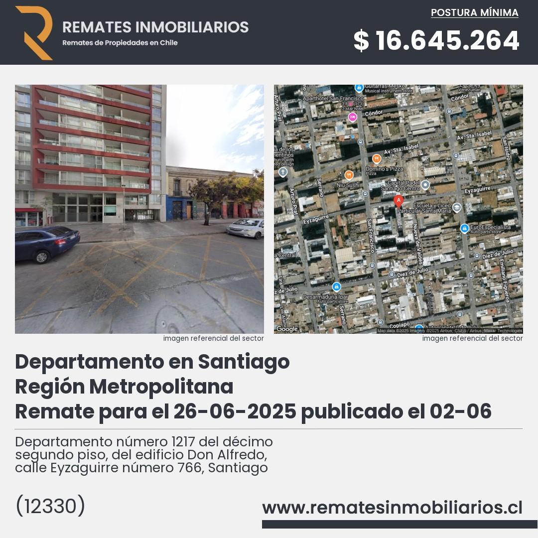 Imagen ficha Departamento número 1217 del décimo segundo piso, del edificio Don Alfredo, calle Eyzaguirre número 766, Santiago