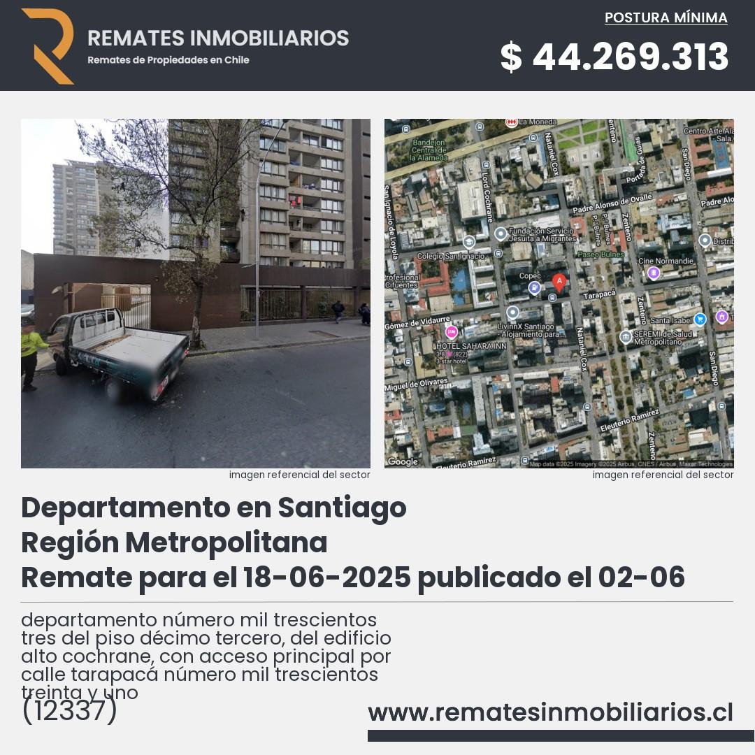 Imagen ficha departamento número mil trescientos tres del piso décimo tercero, del edificio alto cochrane, con acceso principal por calle tarapacá número mil trescientos treinta y uno