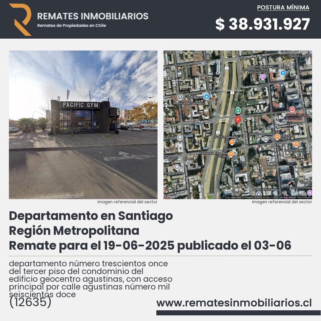 Imagen ficha departamento número trescientos once del tercer piso del condominio del edificio geocentro agustinas, con acceso principal por calle agustinas número mil seiscientos doce