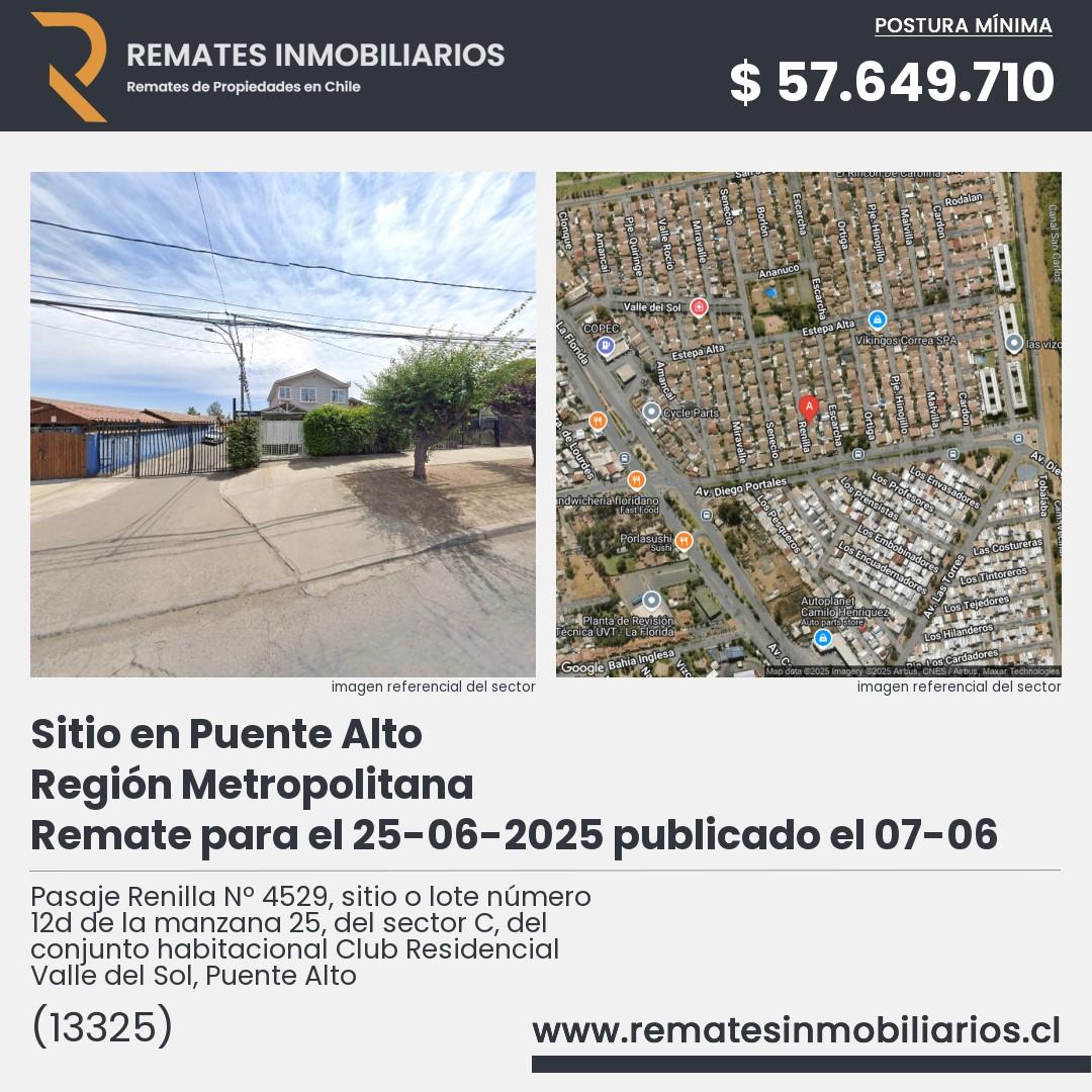 Imagen ficha Pasaje Renilla Nº 4529, sitio o lote número 12d de la manzana 25, del sector C, del conjunto habitacional Club Residencial Valle del Sol, Puente Alto
