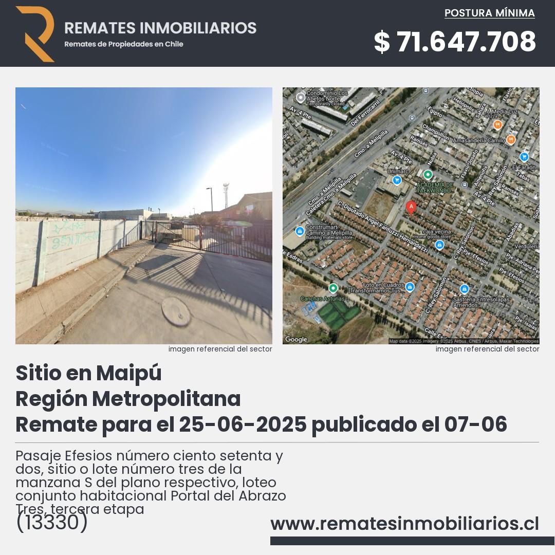 Imagen ficha Pasaje Efesios número ciento setenta y dos, sitio o lote número tres de la manzana S del plano respectivo, loteo conjunto habitacional Portal del Abrazo Tres, tercera etapa