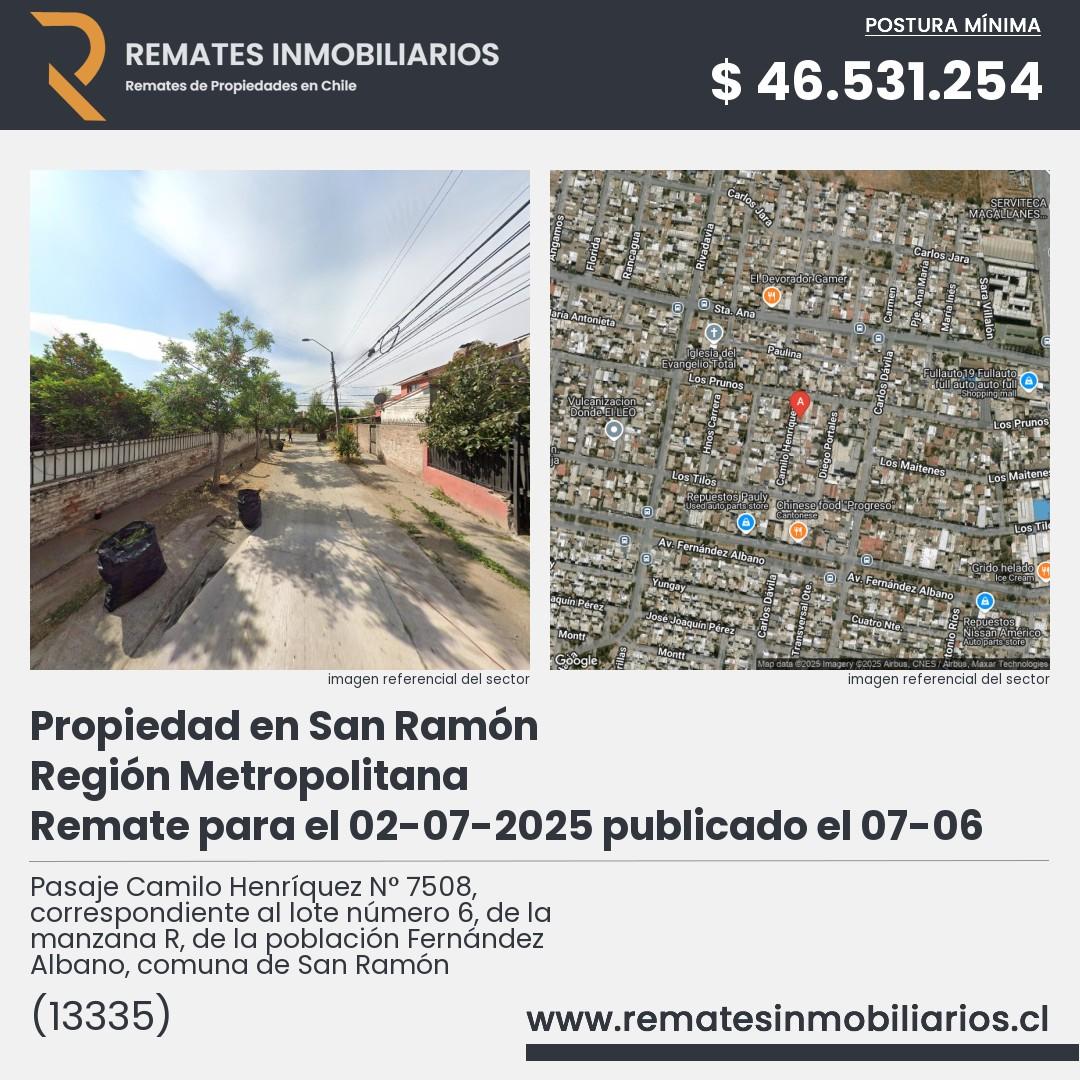 Imagen ficha Pasaje Camilo Henríquez N° 7508, correspondiente al lote número 6, de la manzana R, de la población Fernández Albano, comuna de San Ramón