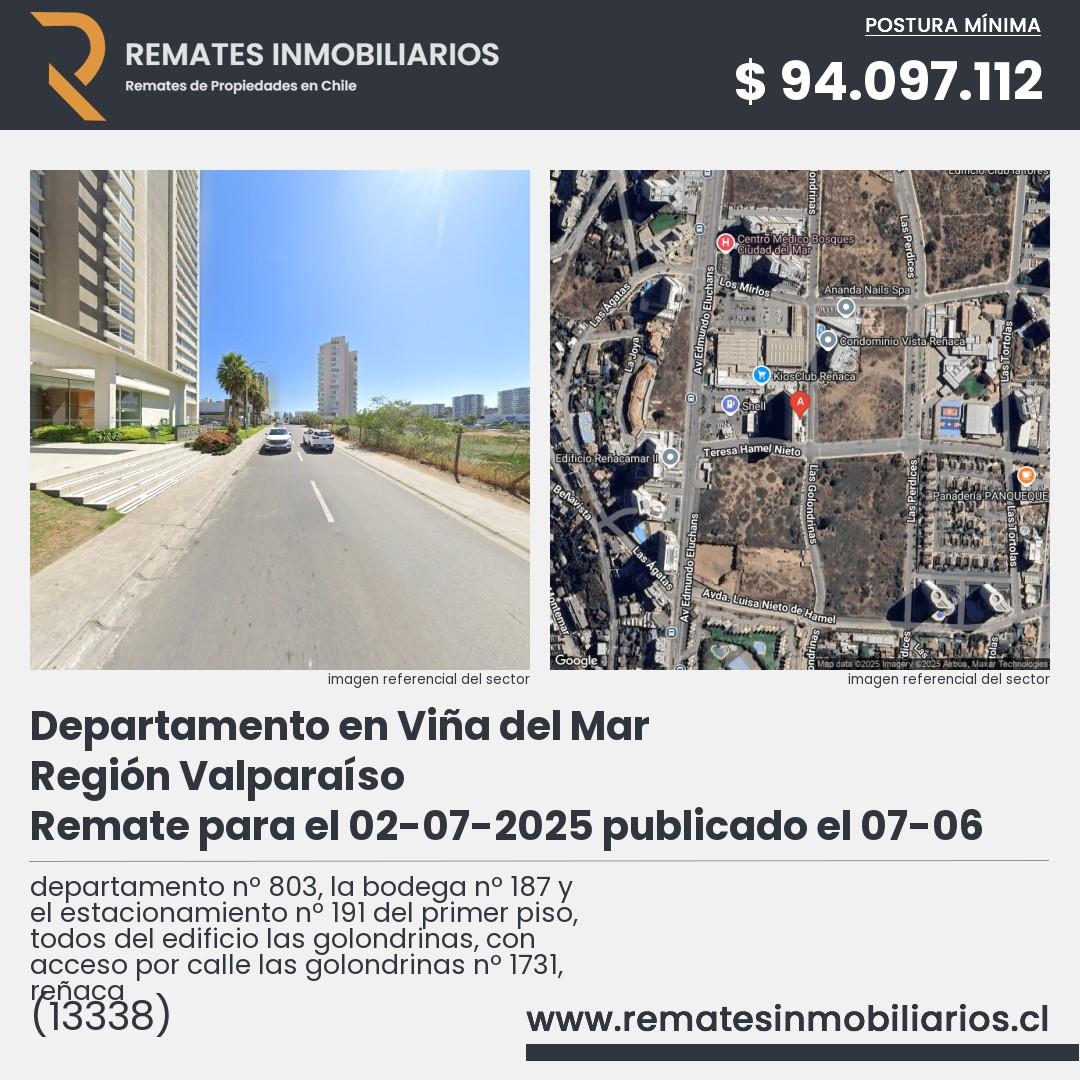 Imagen ficha departamento nº 803, la bodega nº 187 y el estacionamiento nº 191 del primer piso, todos del edificio las golondrinas, con acceso por calle las golondrinas nº 1731, reñaca