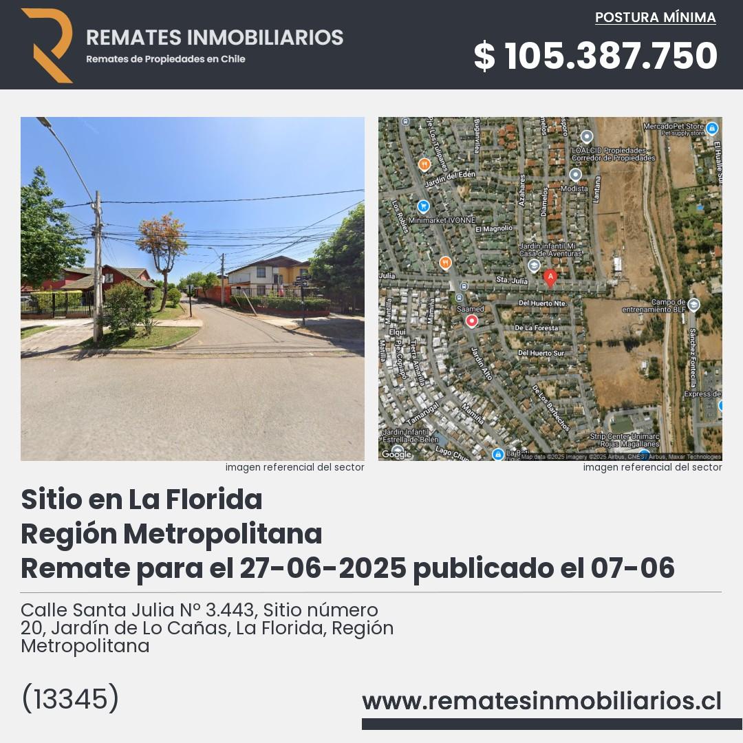 Imagen ficha Calle Santa Julia Nº 3.443, Sitio número 20, Jardín de Lo Cañas, La Florida, Región Metropolitana