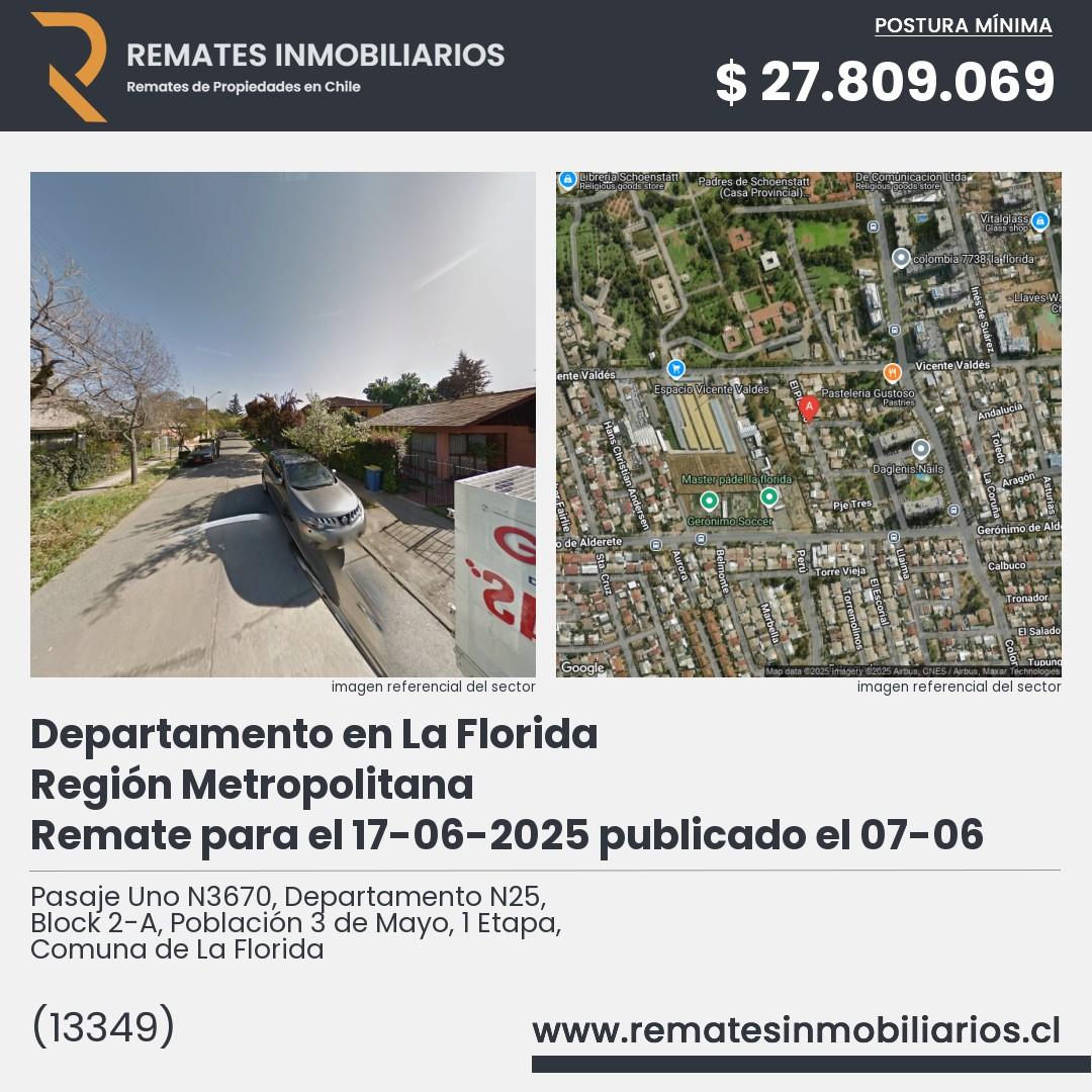 Imagen ficha Pasaje Uno N3670, Departamento N25, Block 2-A, Población 3 de Mayo, 1 Etapa, Comuna de La Florida