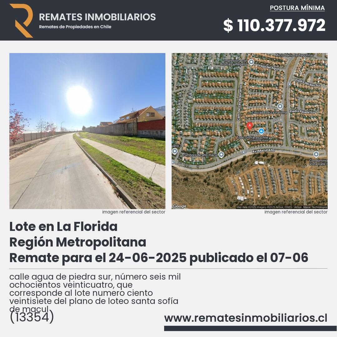 Imagen ficha calle agua de piedra sur, número seis mil ochocientos veinticuatro, que corresponde al lote numero ciento veintisiete del plano de loteo santa sofía de macul
