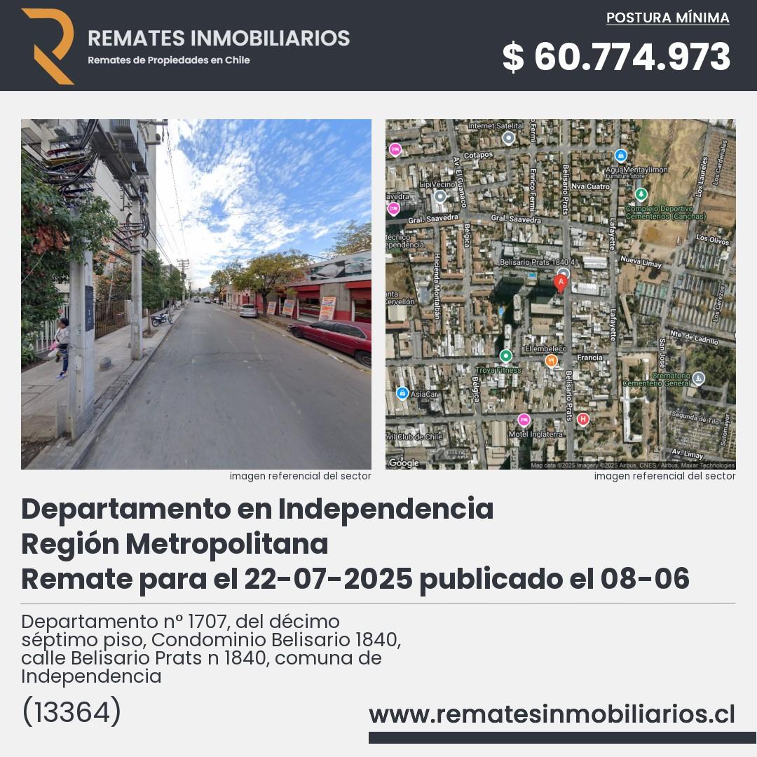 Imagen ficha Departamento n° 1707, del décimo séptimo piso, Condominio Belisario 1840, calle Belisario Prats n 1840, comuna de Independencia
