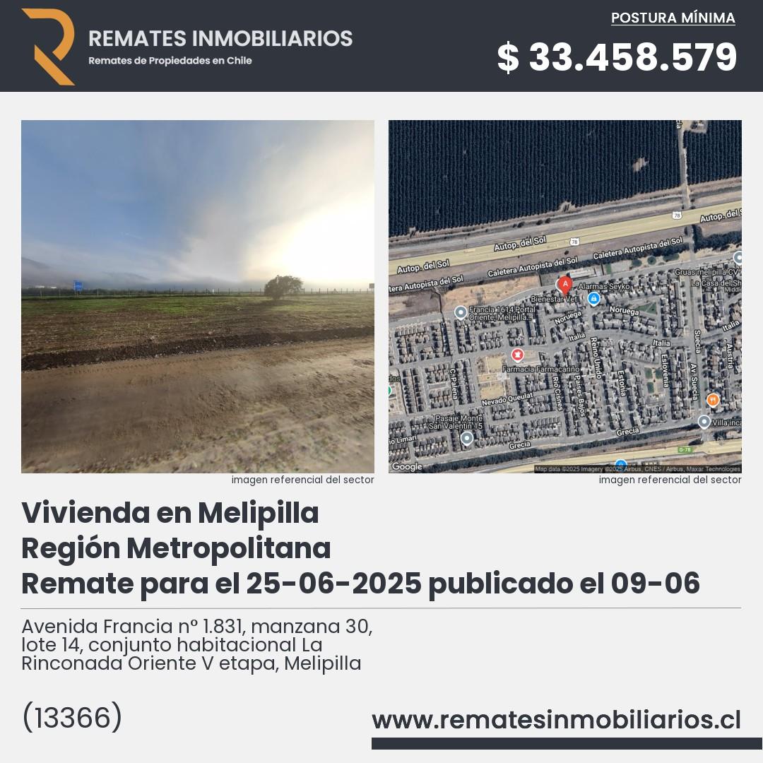 Imagen ficha Avenida Francia n° 1.831, manzana 30, lote 14, conjunto habitacional La Rinconada Oriente V etapa, Melipilla