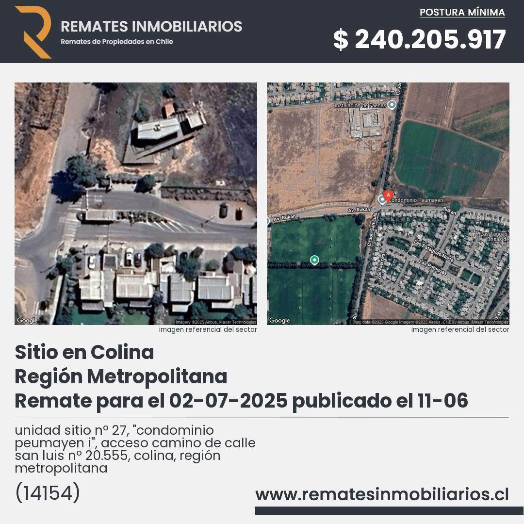 Imagen ficha unidad sitio nº 27, "condominio peumayen i", acceso camino de calle san luis nº 20.555, colina, región metropolitana