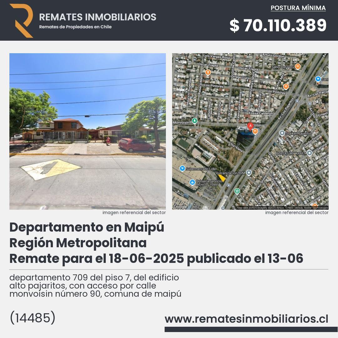 Imagen ficha departamento 709 del piso 7, del edificio alto pajaritos, con acceso por calle monvoisin número 90, comuna de maipú
