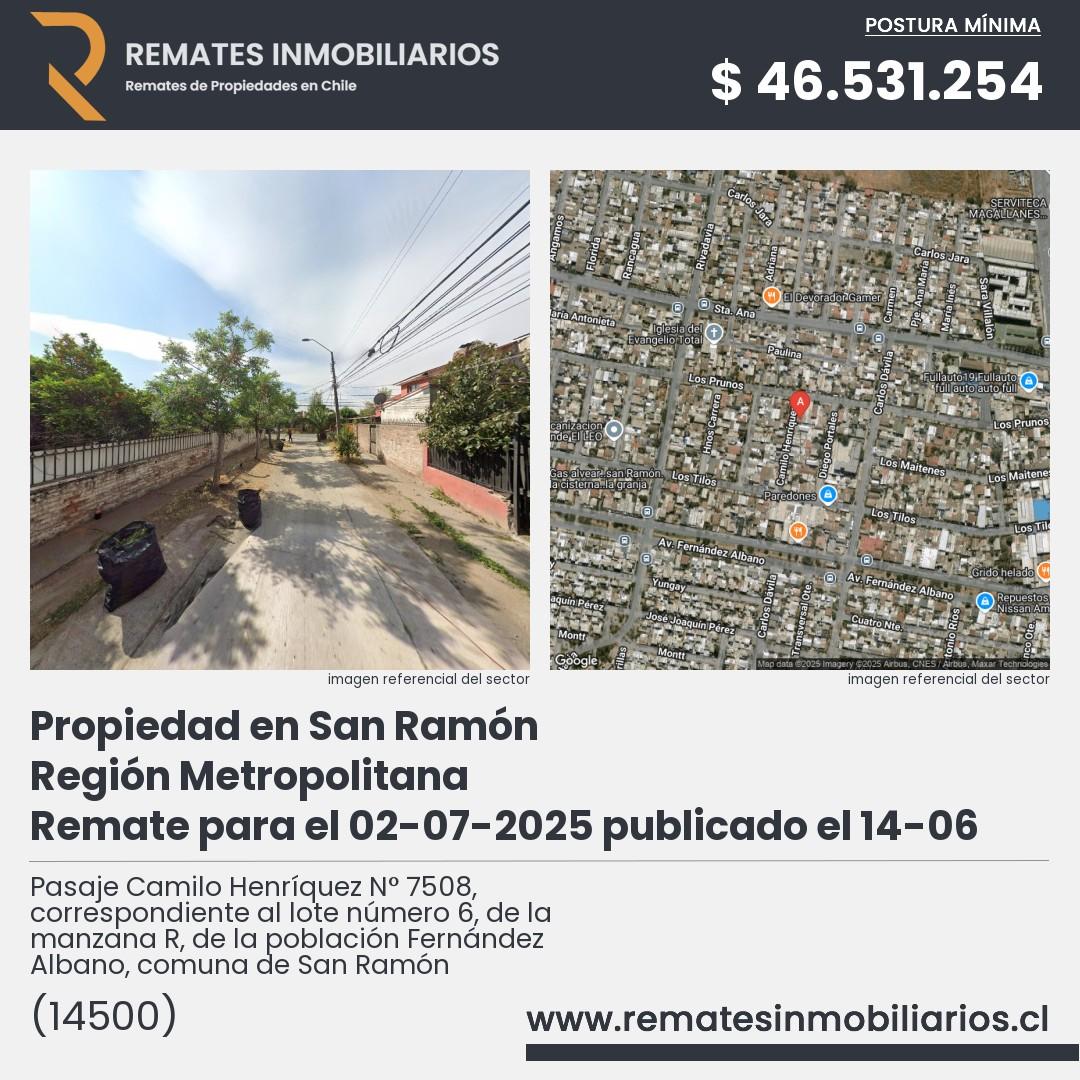 Imagen ficha Pasaje Camilo Henríquez N° 7508, correspondiente al lote número 6, de la manzana R, de la población Fernández Albano, comuna de San Ramón