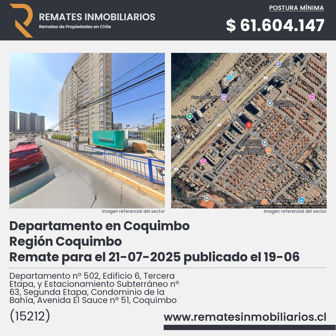 Imagen ficha Departamento nº 502, Edificio 6, Tercera Etapa, y Estacionamiento Subterráneo nº 63, Segunda Etapa, Condominio de la Bahía, Avenida El Sauce nº 51, Coquimbo
