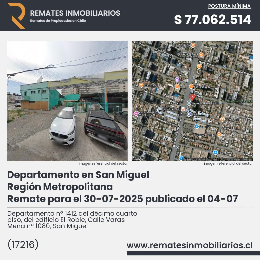 Imagen ficha Departamento nº 1412 del décimo cuarto piso, del edificio El Roble, Calle Varas Mena nº 1080, San Miguel