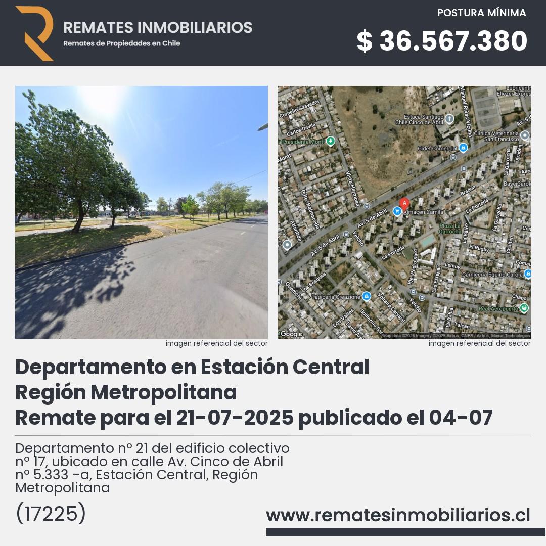 Imagen ficha Departamento nº 21 del edificio colectivo nº 17, ubicado en calle Av. Cinco de Abril nº 5.333 -a, Estación Central, Región Metropolitana