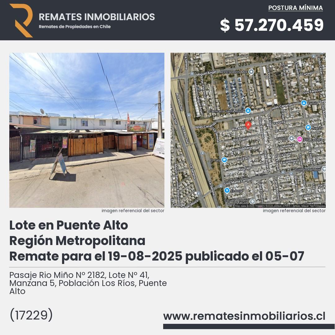 Imagen ficha Pasaje Rio Miño Nº 2182, Lote Nº 41, Manzana 5, Población Los Ríos, Puente Alto