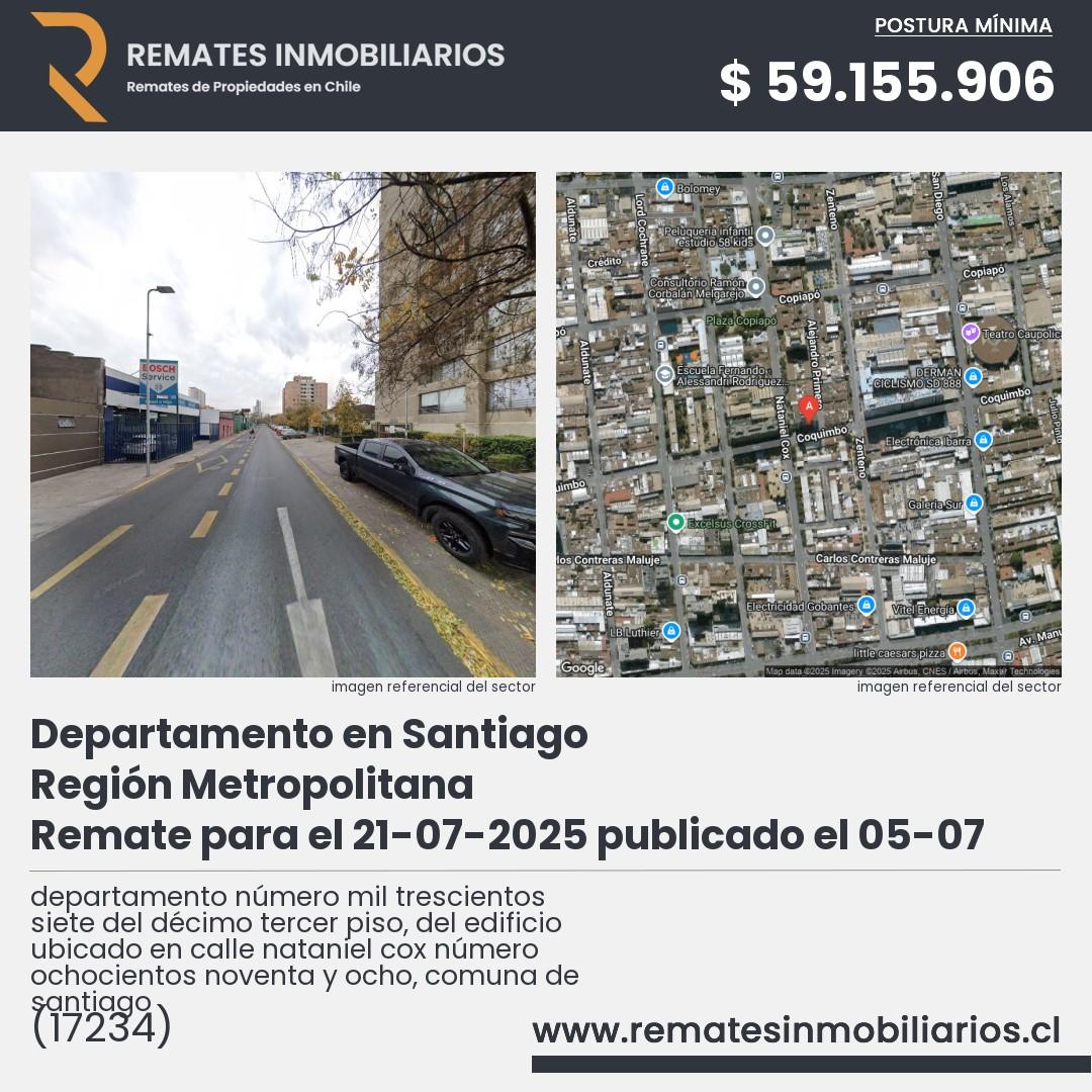 Imagen ficha departamento número mil trescientos siete del décimo tercer piso, del edificio ubicado en calle nataniel cox número ochocientos noventa y ocho, comuna de santiago
