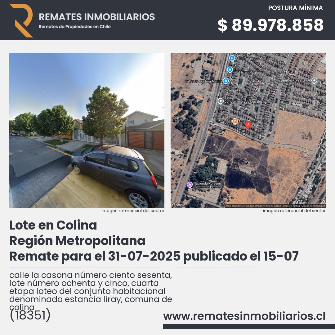 Imagen ficha calle la casona número ciento sesenta, lote número ochenta y cinco, cuarta etapa loteo del conjunto habitacional denominado estancia liray, comuna de colina