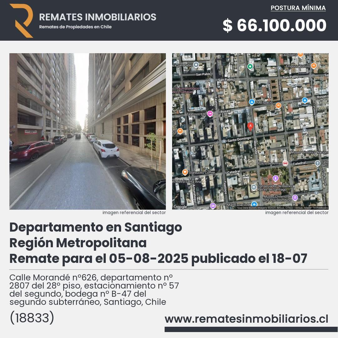 Imagen ficha Calle Morandé nº626, departamento nº 2807 del 28º piso, estacionamiento nº 57 del segundo, bodega nº B-47 del segundo subterráneo, Santiago, Chile
