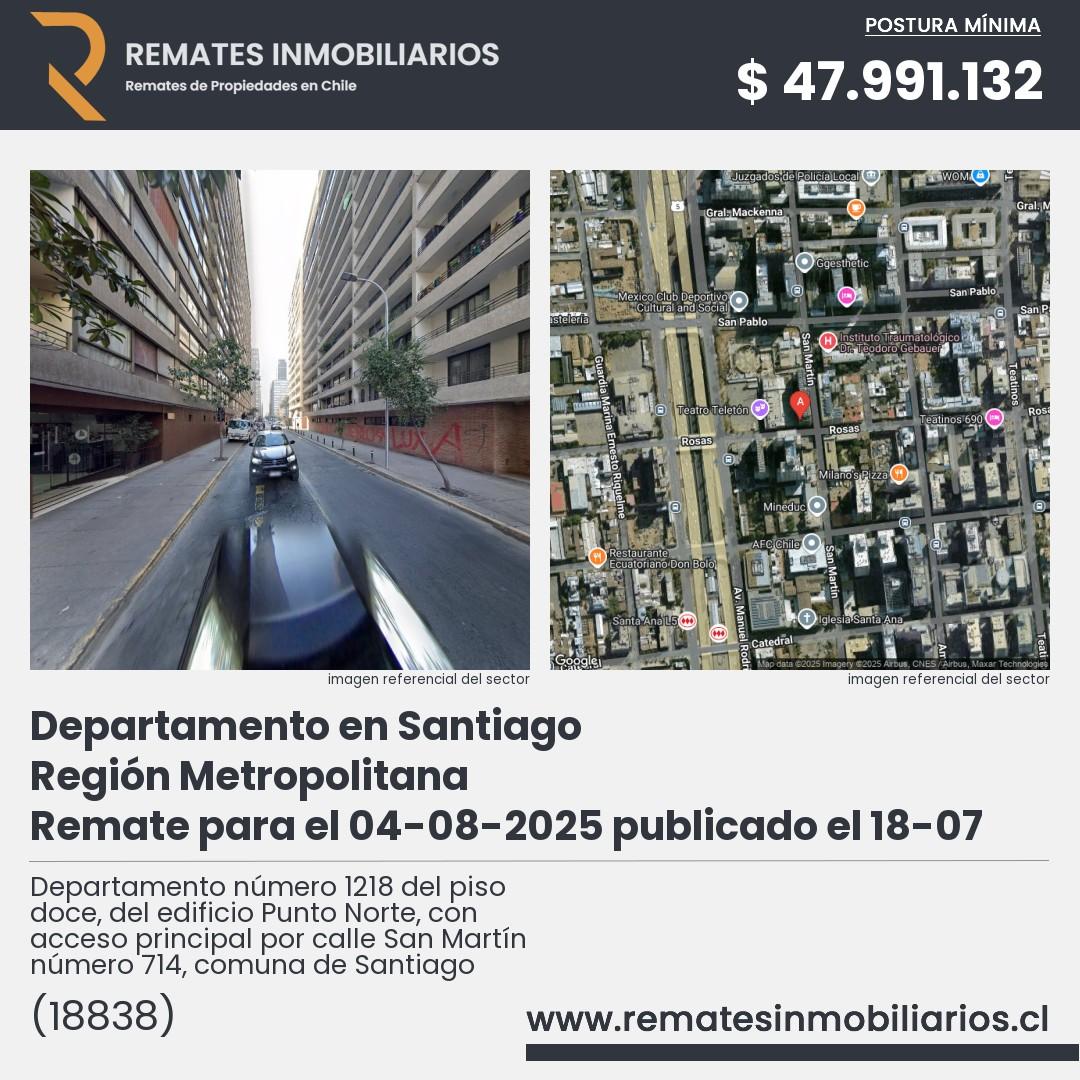 Imagen ficha Departamento número 1218 del piso doce, del edificio Punto Norte, con acceso principal por calle San Martín número 714, comuna de Santiago