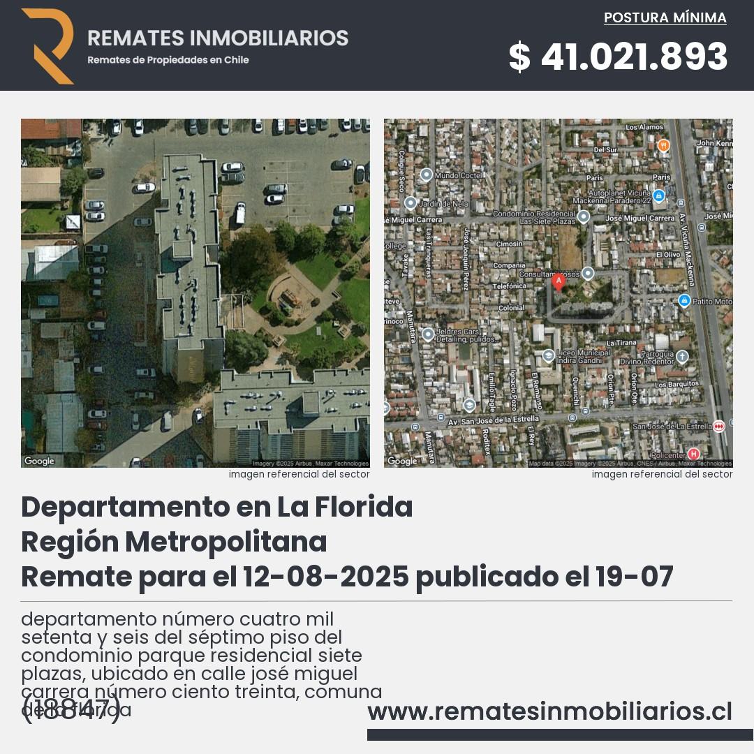 Imagen ficha departamento número cuatro mil setenta y seis del séptimo piso del condominio parque residencial siete plazas, ubicado en calle josé miguel carrera número ciento treinta, comuna de la florida