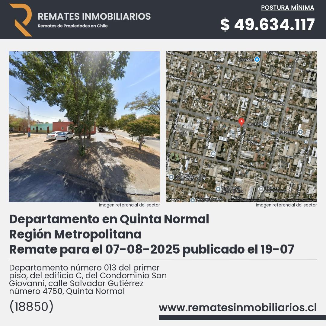 Imagen ficha Departamento número 013 del primer piso, del edificio C, del Condominio San Giovanni, calle Salvador Gutiérrez número 4750, Quinta Normal