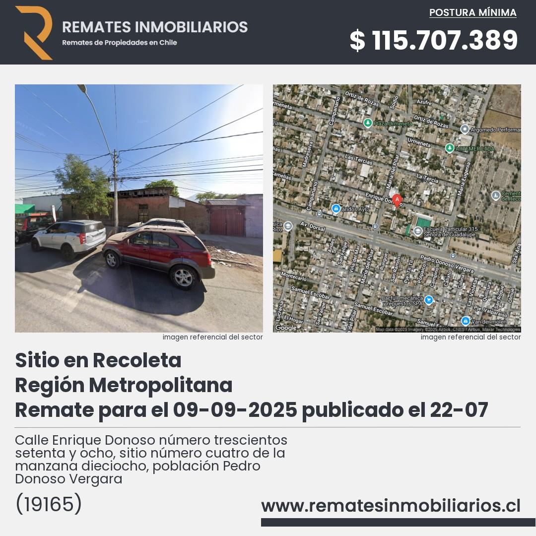 Imagen ficha Calle Enrique Donoso número trescientos setenta y ocho, sitio número cuatro de la manzana dieciocho, población Pedro Donoso Vergara
