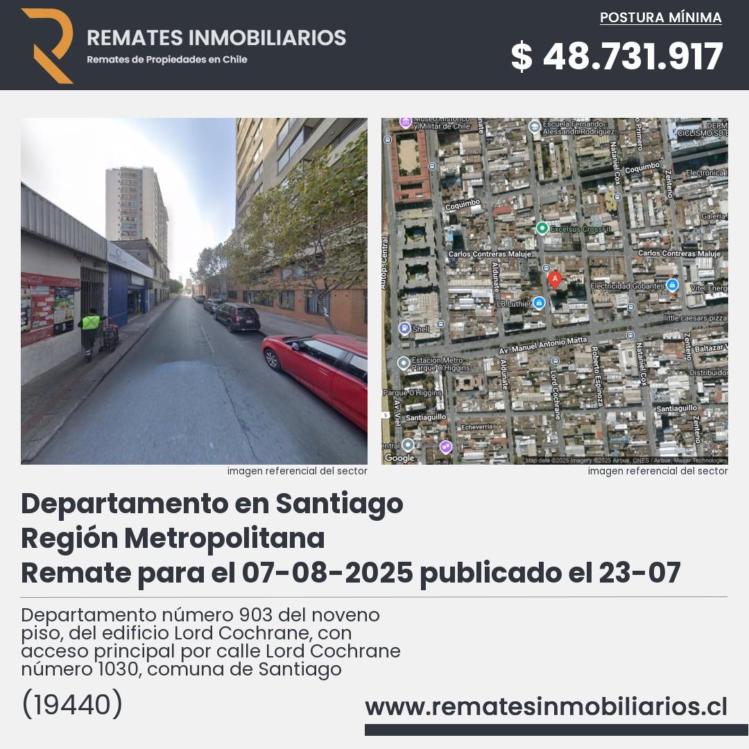 Imagen ficha Departamento número 903 del noveno piso, del edificio Lord Cochrane, con acceso principal por calle Lord Cochrane número 1030, comuna de Santiago