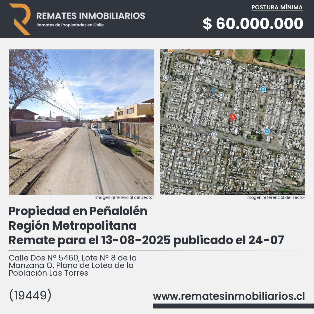 Imagen ficha Calle Dos Nº 5460, Lote Nº 8 de la Manzana O, Plano de Loteo de la Población Las Torres