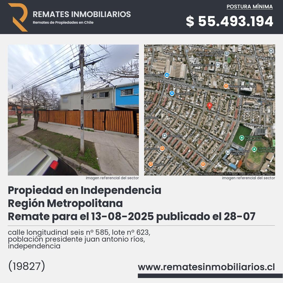 Imagen ficha calle longitudinal seis nº 585, lote nº 623, población presidente juan antonio ríos, independencia