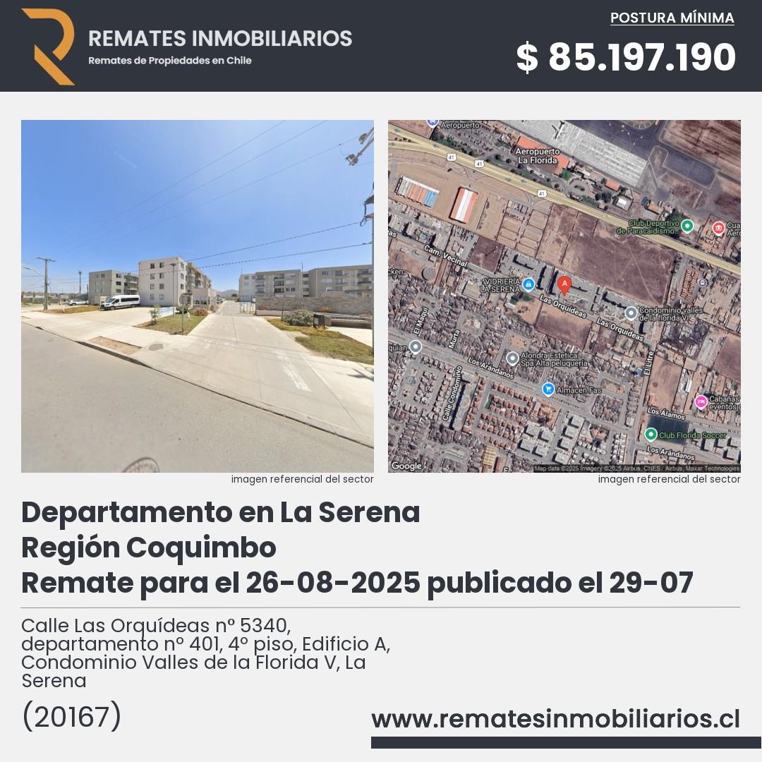 Imagen ficha Calle Las Orquídeas n° 5340, departamento nº 401, 4º piso, Edificio A, Condominio Valles de la Florida V, La Serena