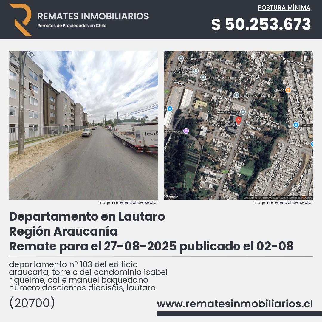Imagen ficha departamento nº 103 del edificio araucaria, torre c del condominio isabel riquelme, calle manuel baquedano número doscientos dieciséis, lautaro