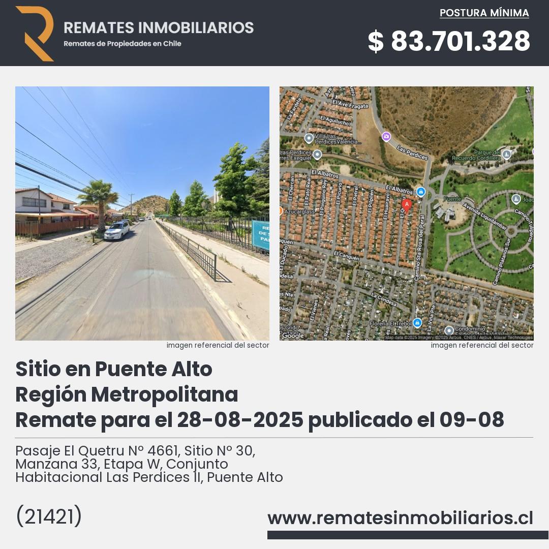 Imagen ficha Pasaje El Quetru Nº 4661, Sitio Nº 30, Manzana 33, Etapa W, Conjunto Habitacional Las Perdices II, Puente Alto