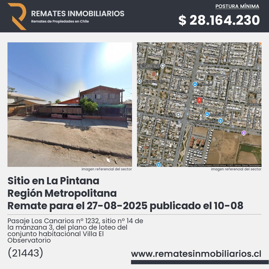 Imagen ficha Pasaje Los Canarios nº 1232, sitio nº 14 de la manzana 3, del plano de loteo del conjunto habitacional Villa El Observatorio