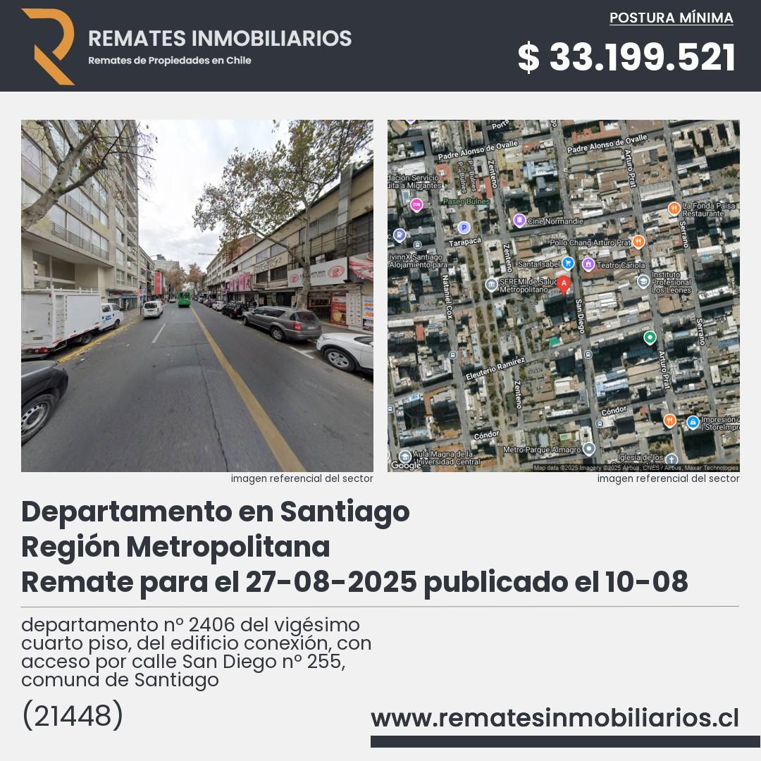 Imagen ficha departamento nº 2406 del vigésimo cuarto piso, del edificio conexión, con acceso por calle San Diego nº 255, comuna de Santiago