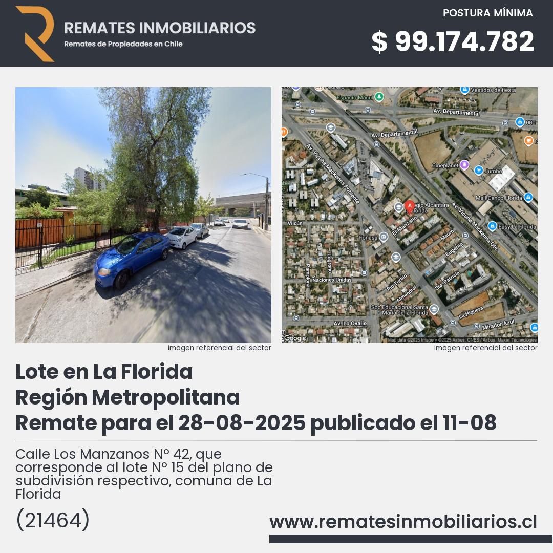 Imagen ficha Calle Los Manzanos Nº 42, que corresponde al lote Nº 15 del plano de subdivisión respectivo, comuna de La Florida