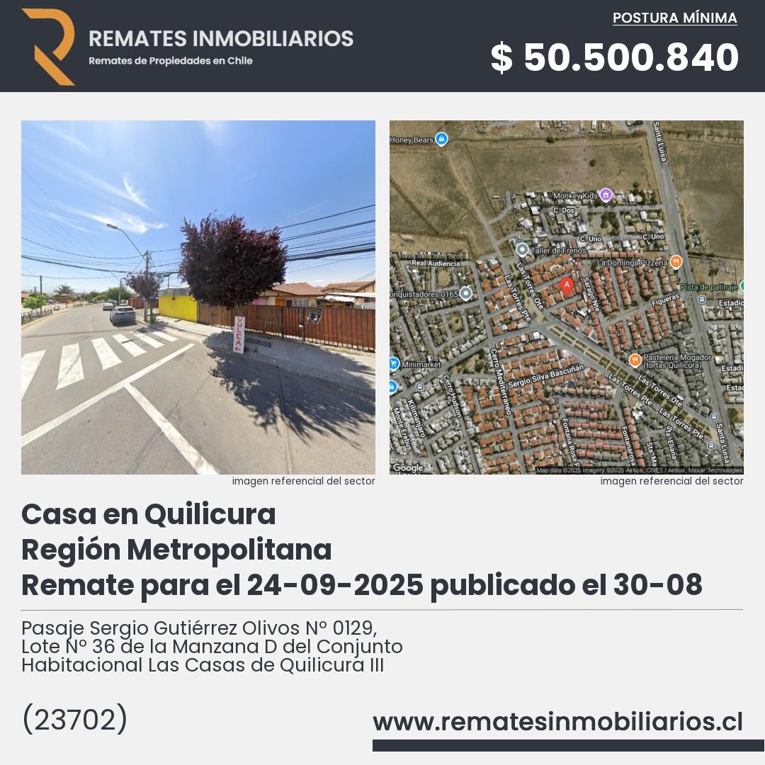 Imagen ficha Pasaje Sergio Gutiérrez Olivos Nº 0129, Lote Nº 36 de la Manzana D del Conjunto Habitacional Las Casas de Quilicura III