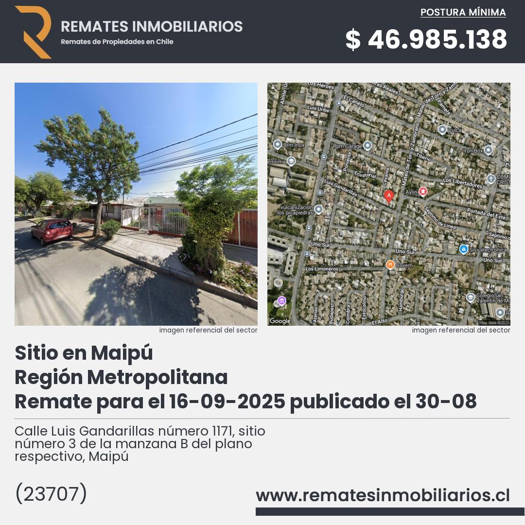 Imagen ficha Calle Luis Gandarillas número 1171, sitio número 3 de la manzana B del plano respectivo, Maipú